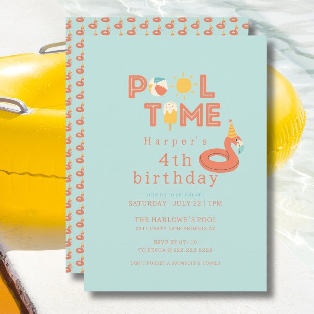 Invitación summer flamingo popsicle kids birthday pool party (pool time flamingo beach ball sun popsicle personalized birthday pool party invitation )