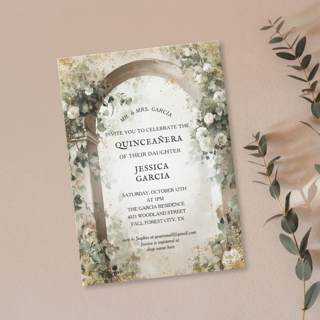 Invitación Summer Floral Arch Enchanted Garden Quinceañera  (elegant white roses arch with golden accents sweet 16 birthday invitation)