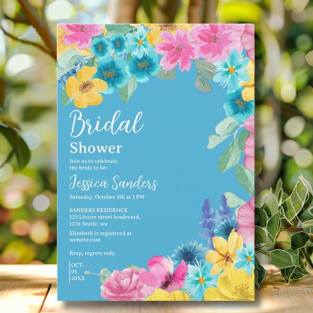 Invitación Summer floral Bridal Shower with Photo Blue (Subido por el creador)