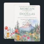 Invitación Summer Mountains and Stream Wedding Invitation<br><div class="desc">Summer Mountains and Stream Wedding Invitation features a beautiful watercolor mountain scene with a bubbling stream lined with tall pine trees and colorful mountain wildflowers. The front template is easily customized to reflect your own names and wedding information. The back of card features wildflowers and a customizable bride/groom initials. Our...</div>