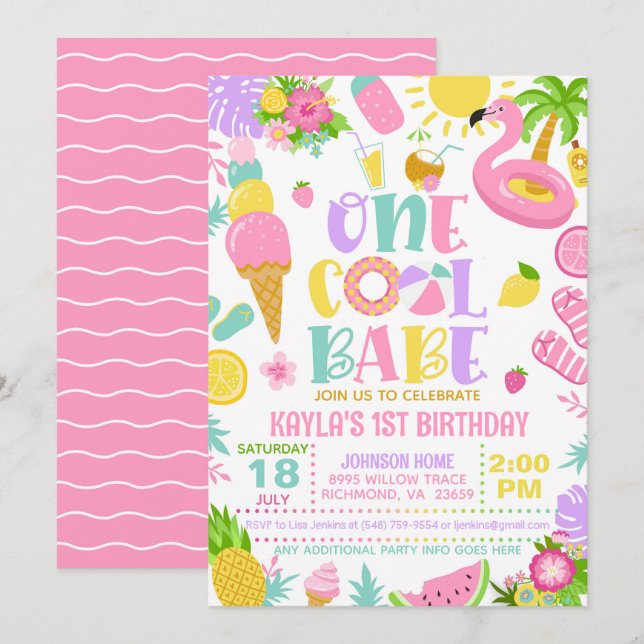 Invitación Summer One Cool Babe Birthday Party Invitation (Anverso / Reverso)