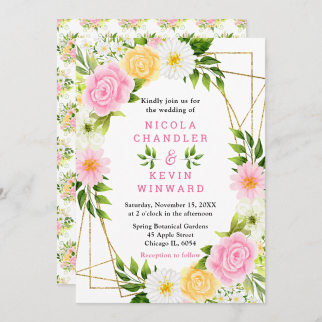 Invitación Summer Pink and Yellow Flowers and Foliage Wedding (Anverso / Reverso)