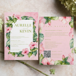 Invitación Summer Pink Green Floral Watercolor QRcode Wedding