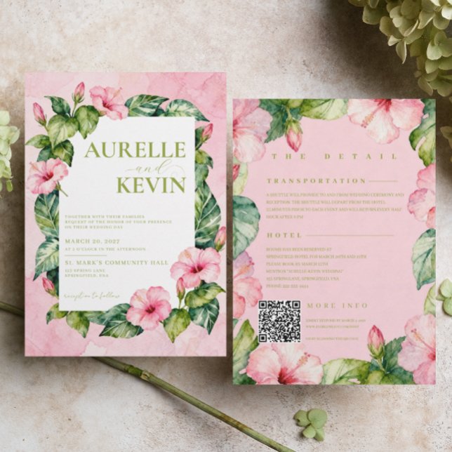 Invitación Summer Pink Green Floral Watercolor QRcode Wedding (Subido por el creador)
