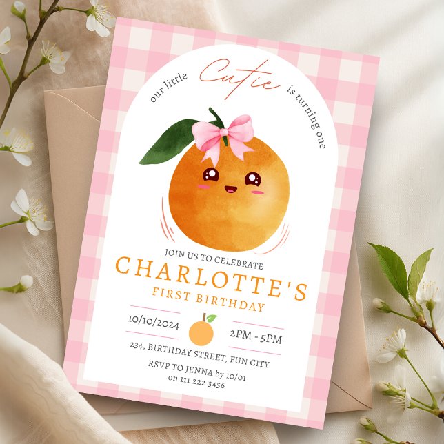 Invitación Summer Pink Little Cutie Orange 1st First Birthday (Summer Pink Little Cutie Orange 1st First Birthday Invitation)