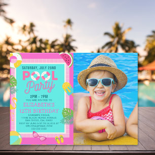 Invitación Summer Pool Birthday Bash Girl wIth Photo