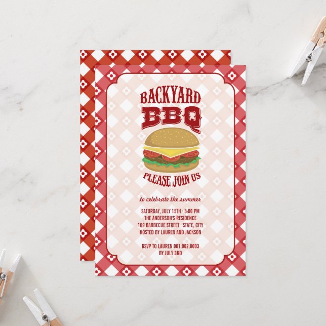 Invitación Summer Red Gingham Fun Backyard Barbeque BBQ Fiest (Anverso/Reverso In Situ)
