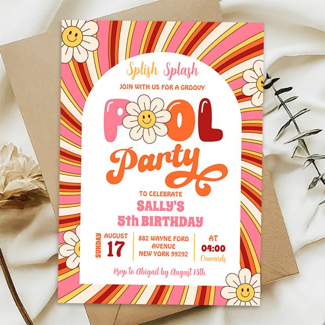 Invitación Summer Retro Groovy Daisy Pool Fiesta Cumpleaños (Subido por el creador)