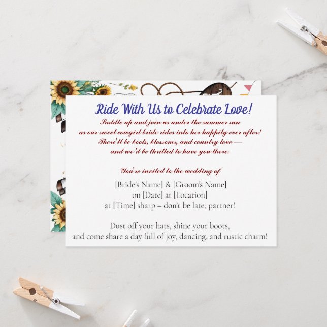 Invitación Summer Ride to Forever – Cowgirl Wedding Bliss" (Anverso/Reverso In Situ)