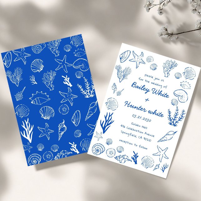 Invitación Summer Seashells Frame Beach Wedding Blue  (Subido por el creador)