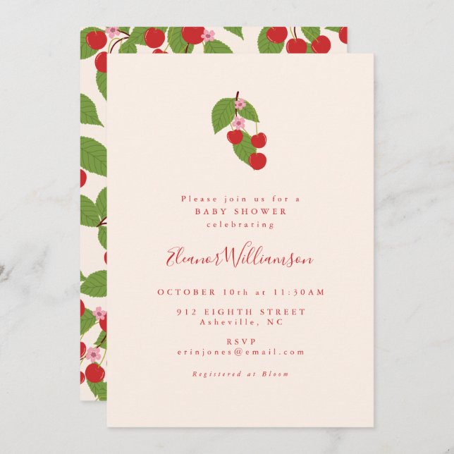 Invitación Summer Vintage Red Cherries Boho Baby Shower (Anverso / Reverso)