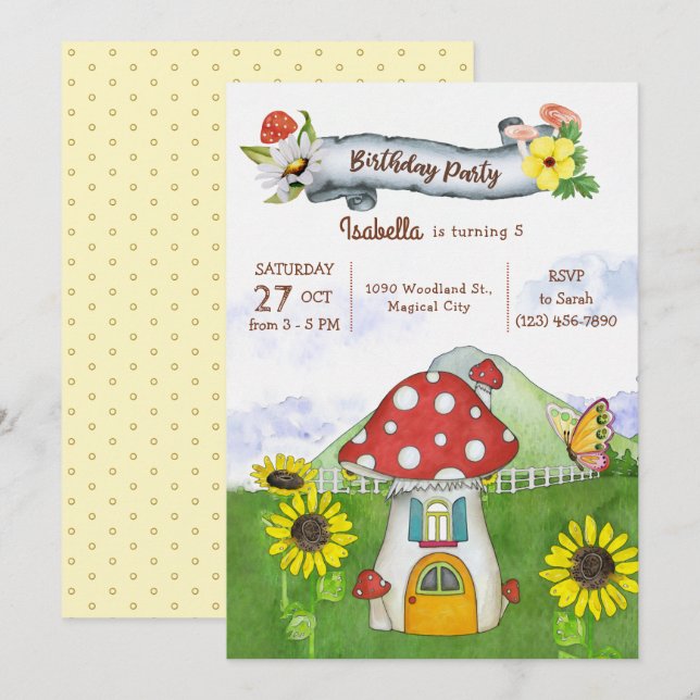 Invitación Summer Woodland Mushroom House Cumpleaños capricho (Anverso / Reverso)