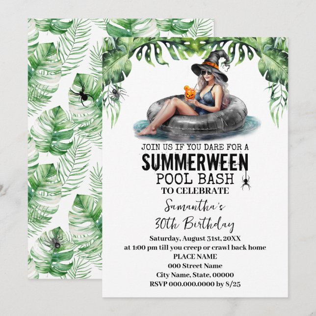 Invitación Summerween Tropical Witch Birday Party (Anverso / Reverso)