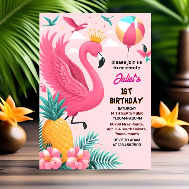 Invitación sun Luau Fly Pink Flamingo Pool Fiesta primer cump (Subido por el creador)
