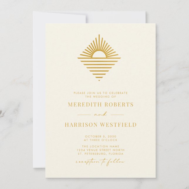 Invitación Sun Ocean QR Code RSVP Gold sobre el Boda crema (Anverso)