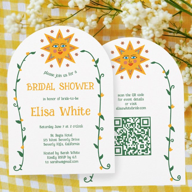 Invitación Sun & Vines Boho Arch Whimsical PERSONALIZADO QR B (Sun & Vines Boho Arch Whimsical CUSTOM QR Code Bridal Shower Invitation
)