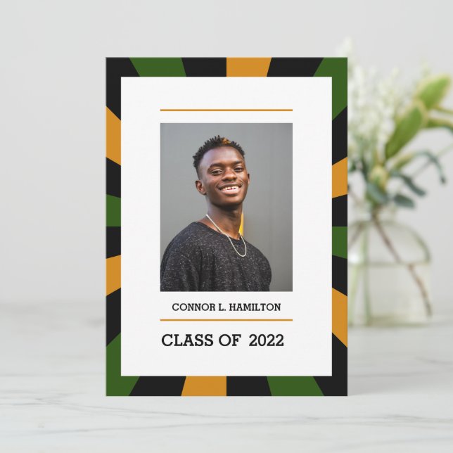 Invitación Sunburst | Graduación de foto negra de Naranja ver (Anverso de pie)