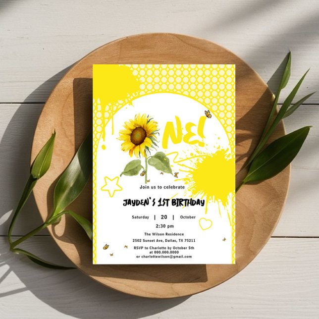 Invitación Sunflower acuarela con mariposas Primer cumpleaños (Subido por el creador)
