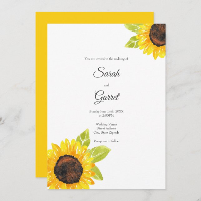 Invitación Sunflower acuarela pintada a mano (Anverso / Reverso)