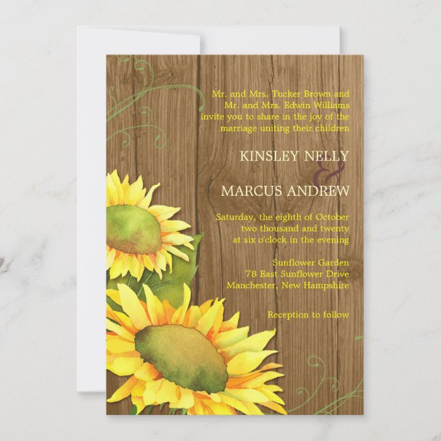 Invitación Sunflower acuarela y Boda de grano de madera (Anverso)