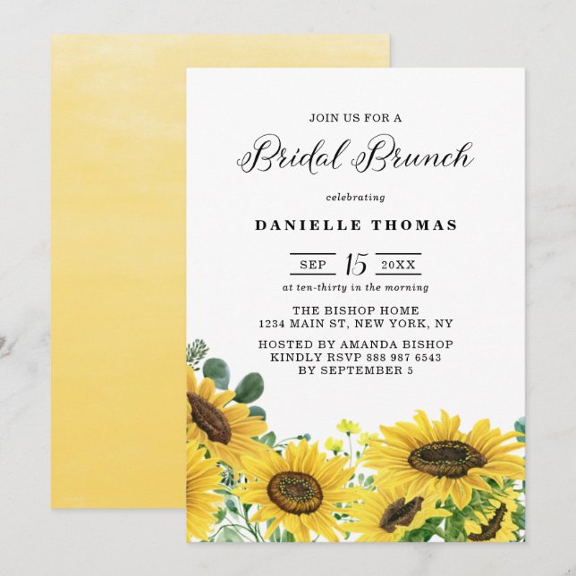 Invitación Sunflower acuarela y Brunch nupcial Eucalyptus (Anverso / Reverso)
