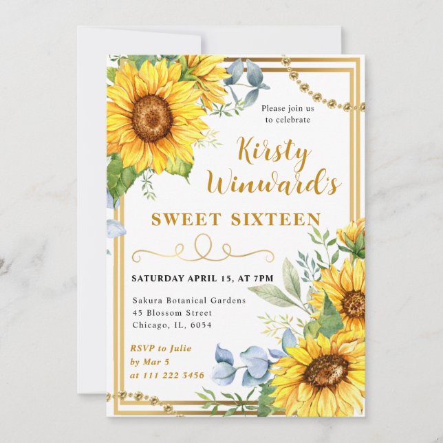 Invitación Sunflower acuarela y dulce marco dorado 16 (Anverso)