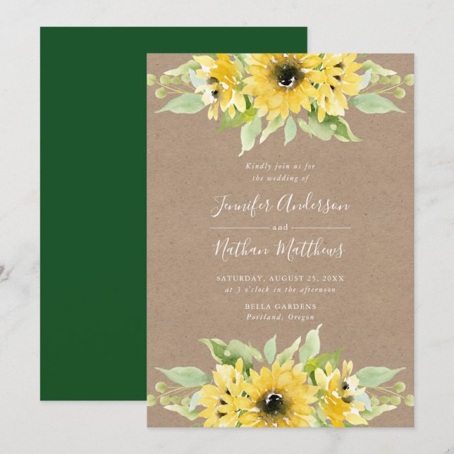 Invitación Sunflower acuático | Boda de papel de Kraft ruso (Anverso / Reverso)