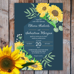 Invitación Sunflower amarillo acuarela en Boda azul marino
