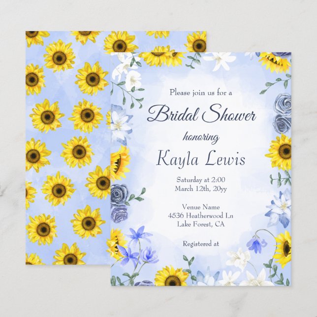 Invitación Sunflower and Dusty Blue Rose Bridal Shower (Anverso / Reverso)