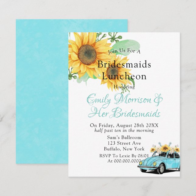Invitación Sunflower Aqua Vintage Car Bridesmaids Luncheon (Anverso / Reverso)