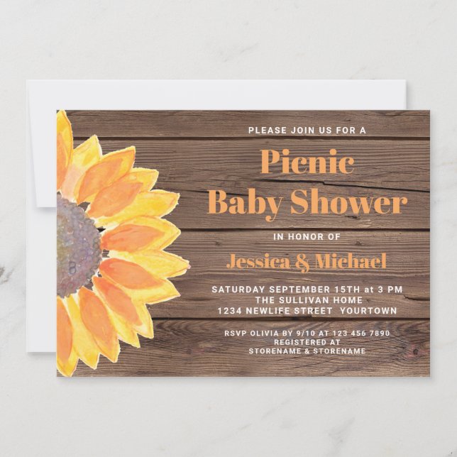 Invitación Sunflower Barn Wood Parejas Picnic Baby Shower (Anverso)