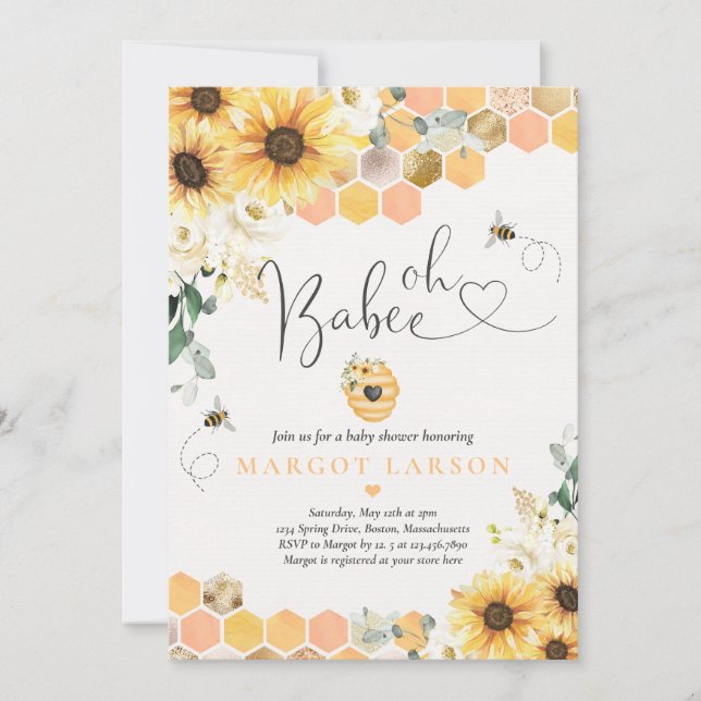 Invitación Sunflower Bee Baby Shower Oh Babee Baby Shower (Anverso)
