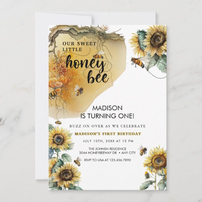 Invitación Sunflower Bee | Día de la Abeja | Cualquier cumple (Anverso)