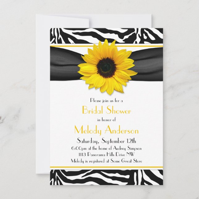 Invitación Sunflower Black White Zebra Imprimir ducha de novi (Anverso)