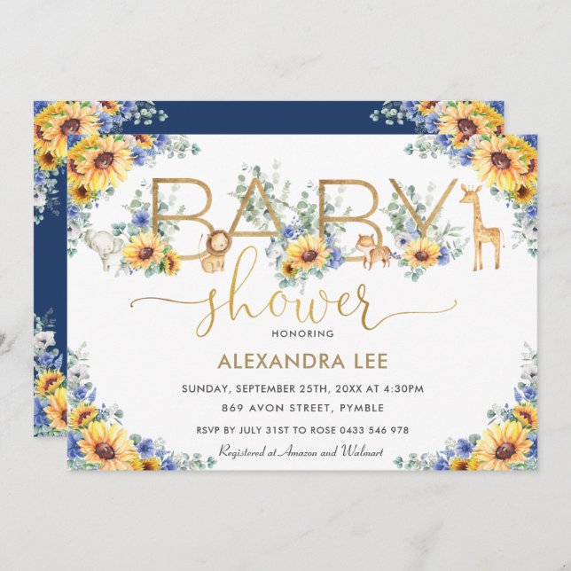 Invitación Sunflower Blue Floral Jungle Animals Baby Shower (Anverso / Reverso)