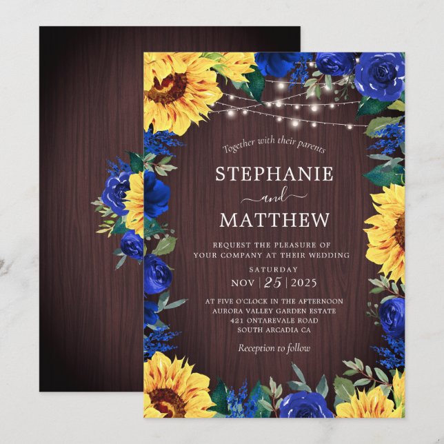 Invitación Sunflower Blue Floral Lights Wood Boda (Anverso / Reverso)