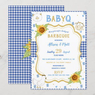 Invitación Sunflower Blue Gingham Baby Q Barbecue