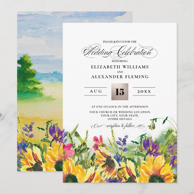 Invitación Sunflower | Boda Rústico de verano de Wild Meadow (Anverso / Reverso)