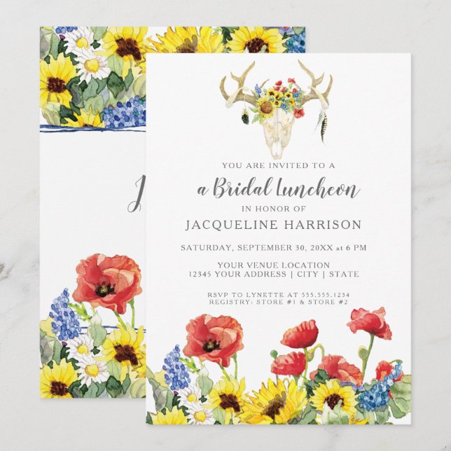 Invitación Sunflower BOHO Deer Skull Antlers Bridal Luncheon (Anverso / Reverso)