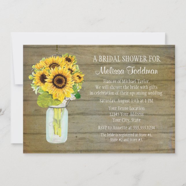 Invitación Sunflower Bouquet Rustic Country Mason Jar Bridal (Anverso)