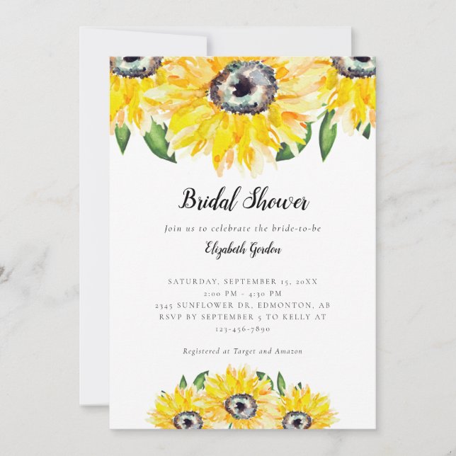 Invitación Sunflower Bridal Shower Elegante Moda acuarela (Anverso)
