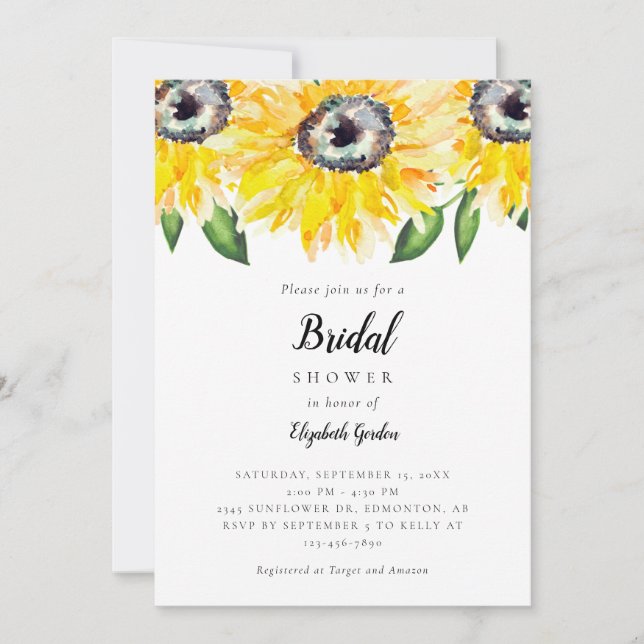 Invitación Sunflower Bridal Shower Elegante Script Watercolor (Anverso)