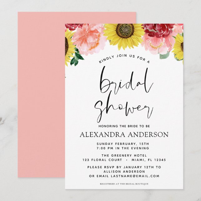 Invitación Sunflower Bridal Shower Floral Rubor Pink (Anverso / Reverso)