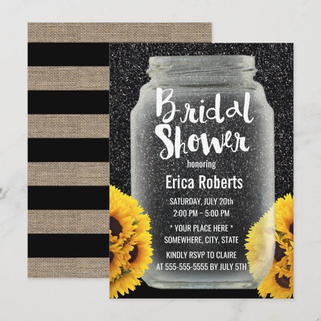 Invitación Sunflower Bridal Shower Mason Jar Purpurina negro (Anverso / Reverso)