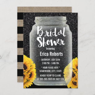 Invitación Sunflower Bridal Shower Mason Jar Purpurina negro
