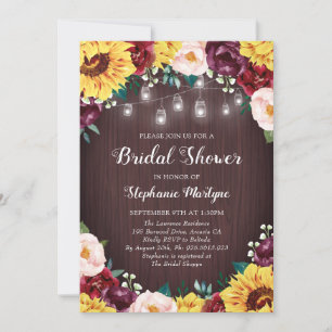Invitación Sunflower Bridal Shower Mason Jars Burgundy
