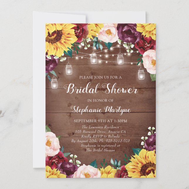 Invitación Sunflower Bridal Shower Mason Jars Luces Madera (Anverso)