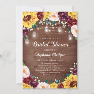 Invitación Sunflower Bridal Shower Mason Jars Luces Madera