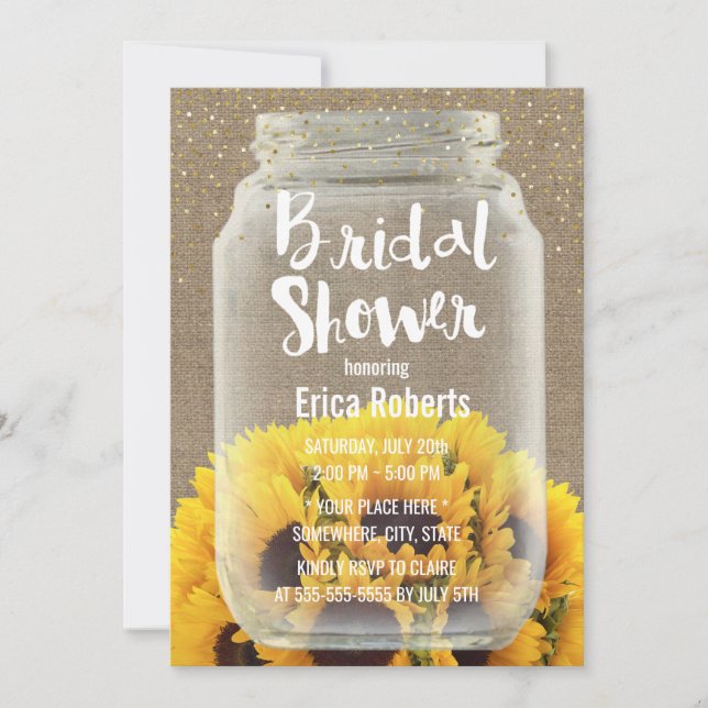Invitación Sunflower Bridal Shower Rustic Burlap & Mason Jar (Anverso)