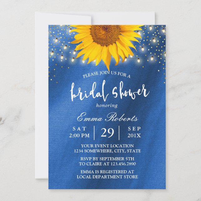 Invitación Sunflower Bridal Shower String ilumina la marina a (Anverso)